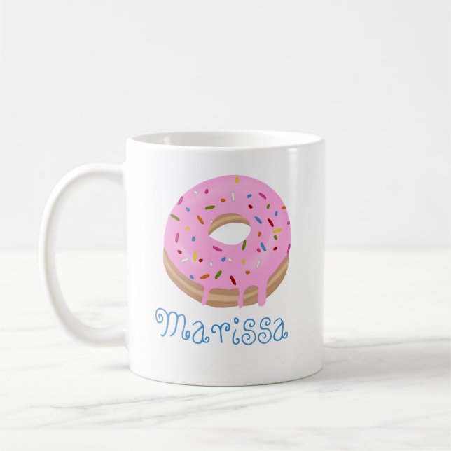 Mug Bleu Texte rose arrosé beignets et nom café (Gauche)