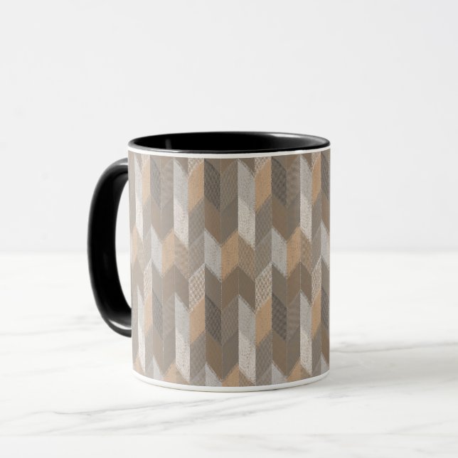Mug Bleu texturé, jaune, chevron olive. (Devant gauche)