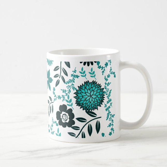 Mug Bleu turquoise et vert olive foncé motif floral (Droite)