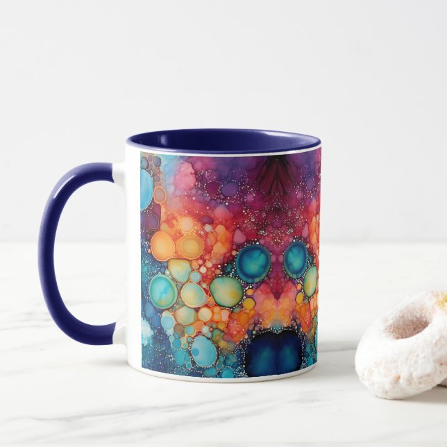 Mug Bleu Turquoise Orange Alcools & Bulles d'encre (Avec donut)