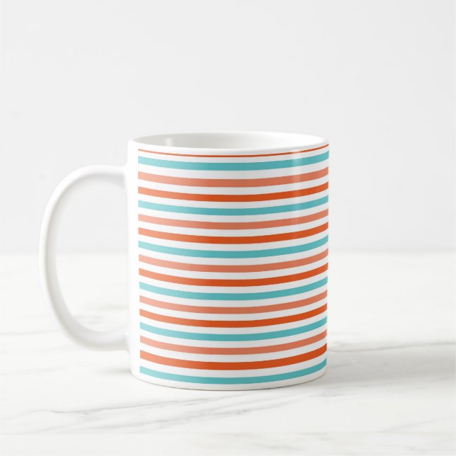 Mug Bleu turquoise, rayures oranges de corail, barrées (Gauche)