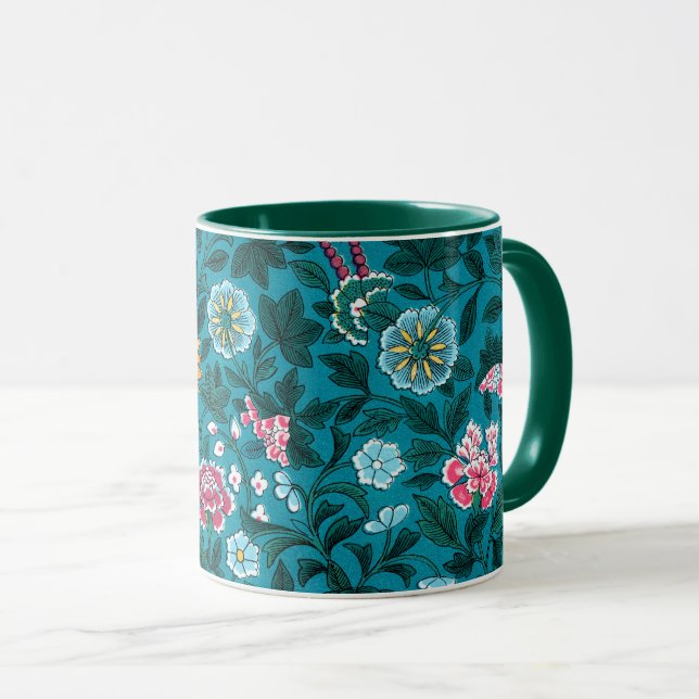 Mug Bleu Turquoise Vert Rouge rose Jaune Motif Floral (Devant droit)