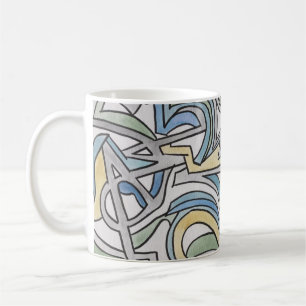 Mug Bleu Vert Jaune Treillis-Peint à la Main Abstrait