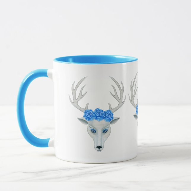 Mug Bleu Vibrant tête de cerf blanc Antlers Roses (Gauche)