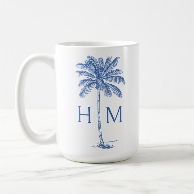 Mug Blue and White Palm Palmetto Tree Monogram (Gauche)