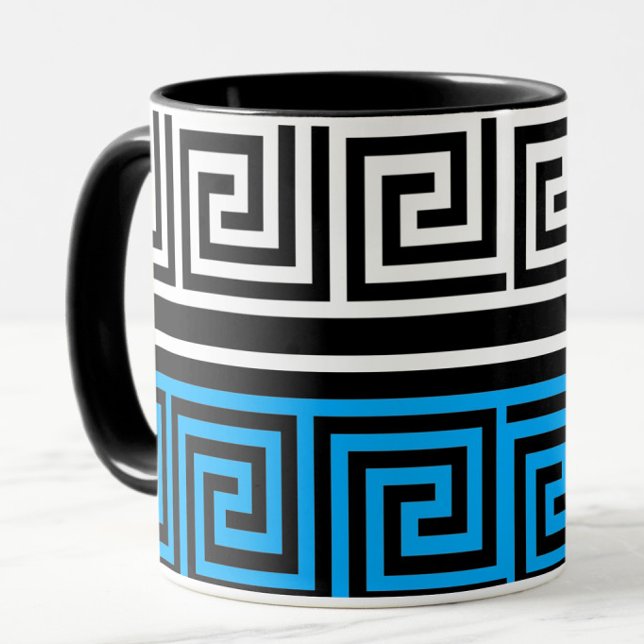 Mug Blue Black White Greek Key Fret Pattern Design  (Créateur téléchargé)