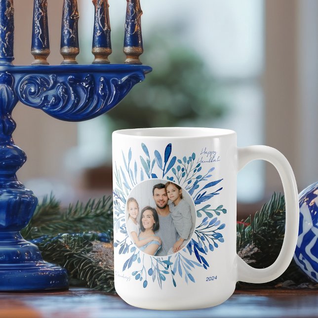 Mug Blue Botanical Hanukkah Jewish Family Photo (Créateur téléchargé)