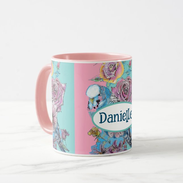 Mug Blue Budgie Bird Rose Floral rose Aqua Girls Nom (Devant gauche)
