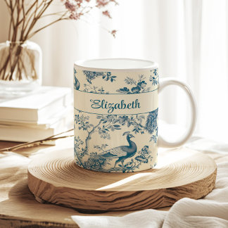 Mug Blue Chinoiserie Peacock Nom personnalisé