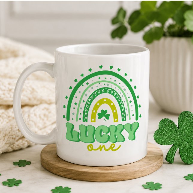 Mug Blue Clover & Rainbow Lucky One Premier Anniversai (Blue Clover & Rainbow Lucky One First Birthday Coffee Mug)