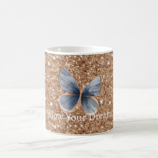 Mug Blue Denim Butterfly Rustic Gold Glitter (Centre)