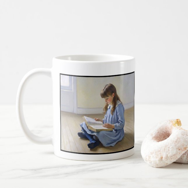 Mug Blue Dress Girl Reading Book Teacher appreciation (Avec donut)