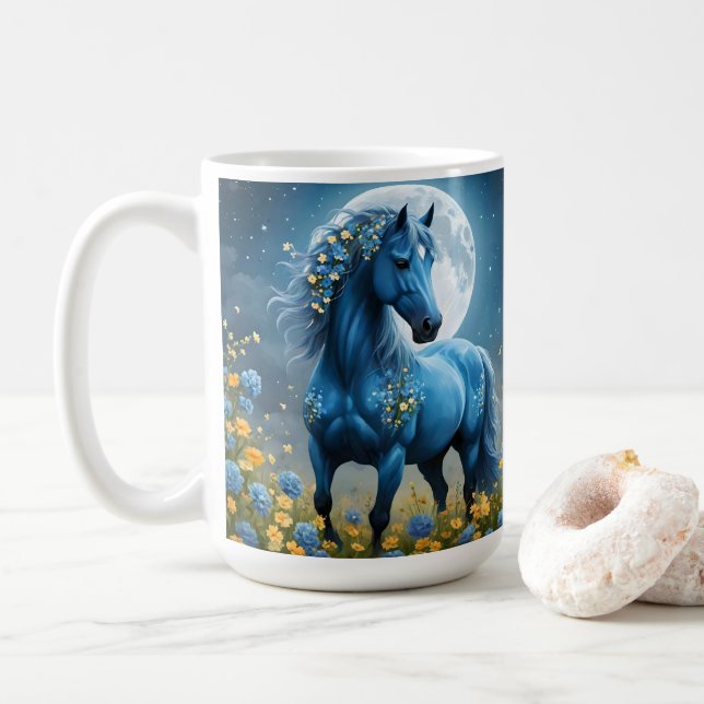 Mug Blue Fantasy Cheval Magique Fleurs de Lune, (Avec donut)