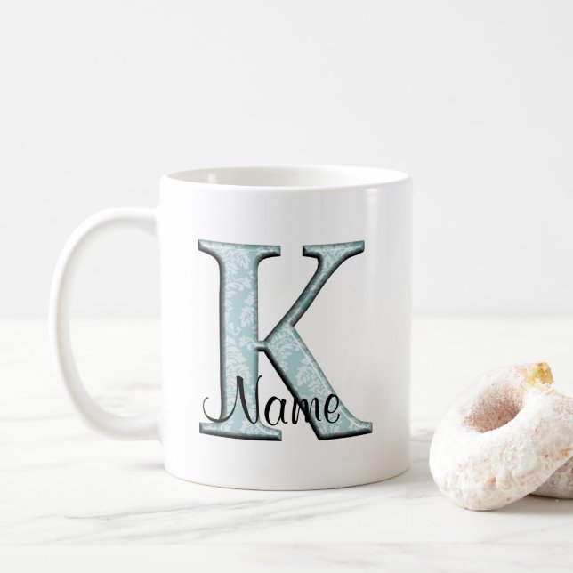 Mug Blue Floral Print K monogramme initiales Coffee Mu (Avec donut)