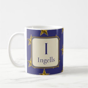 Mug Blue Gold Stars Nom Monogramme Initial