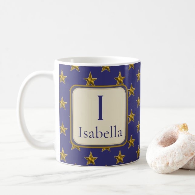 Mug Blue Gold Stars Prénom Monogramme Initial (Avec donut)