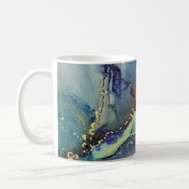 Mug Blue Green Gold Alcohol Ink Liquide Art Abstrait (Gauche)