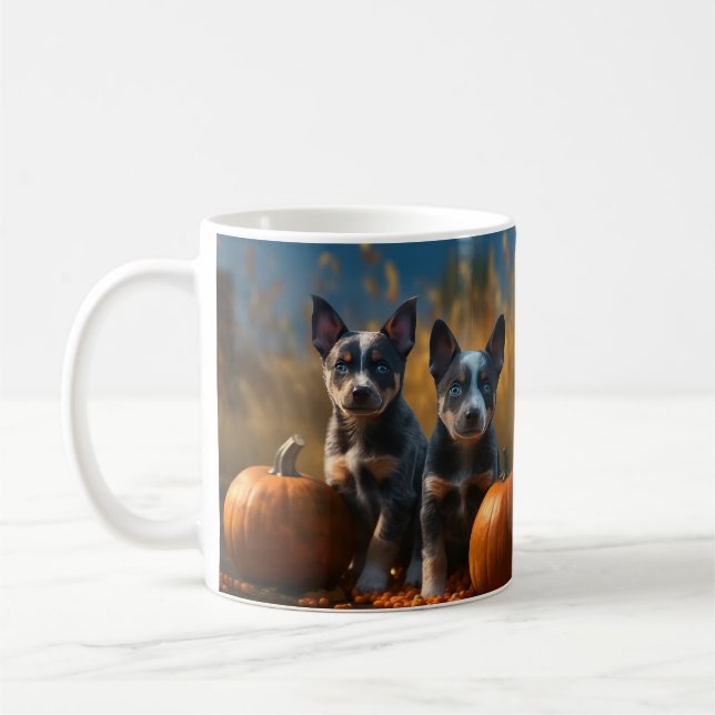 Mug Blue Heeler Chiot Automne Citrouille de plaisir (Gauche)