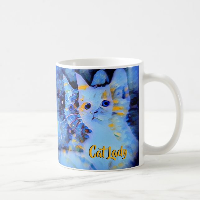 Mug Blue impressionniste Kitten Art Chat Lady Monogram (Droite)