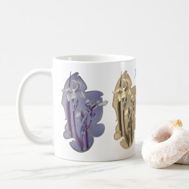 Mug Blue Iris Floral Art Sepia Personnalisé (Avec donut)