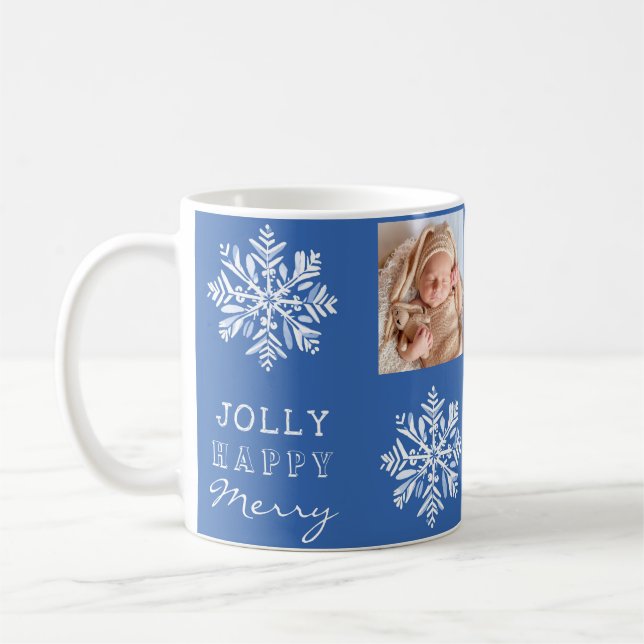 Mug Blue Jolly Merry Snowflake Photo Noël (Gauche)
