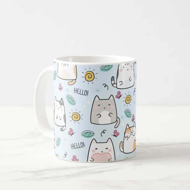 Mug Blue Kawaii Cute Cats Bonjour Motif (Devant gauche)