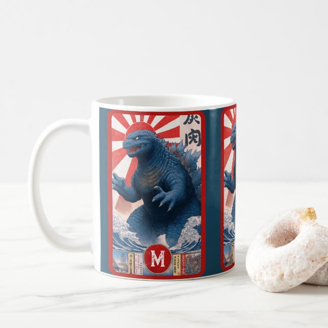 Mug Blue Lizard Monster Monogram Bold Retro Fun Cool (Avec donut)