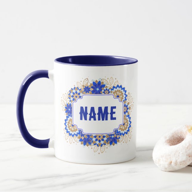 Mug Blue Namaste Nom personnalisé Monogramme (Avec donut)