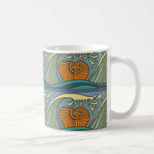 Mug Blue Ocean Waves Nautilus Seashell Motif Nouveau