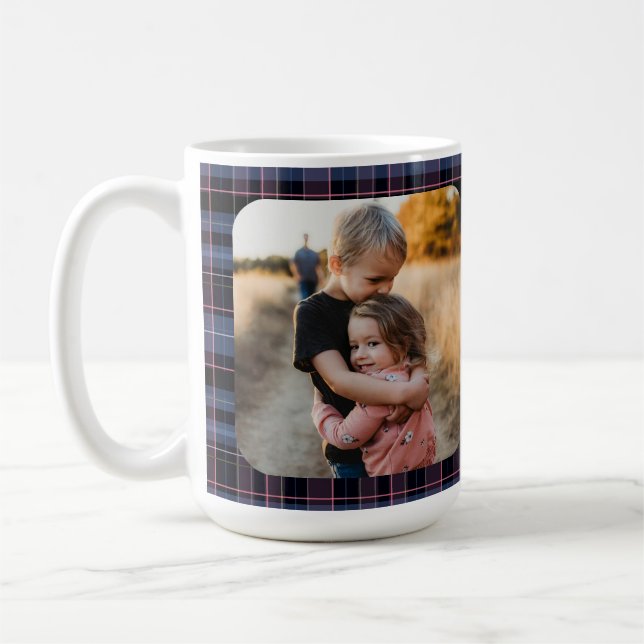 Mug Blue Pink Plaid 1-Photo Custom Holiday Gift Script (Gauche)
