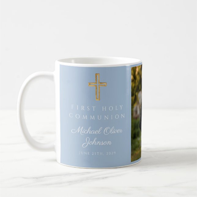 Mug Blue Religious Cross Boy First Communion Photo (Gauche)