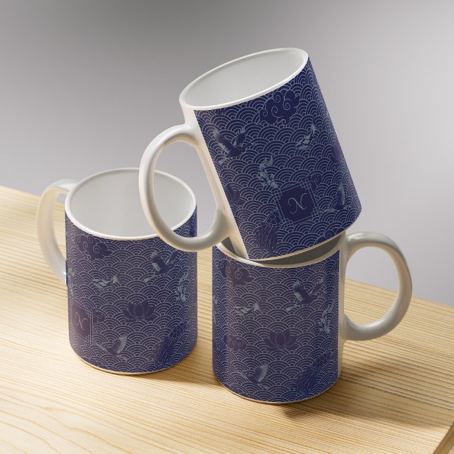 Mug Blue Traditional Japanese Wave Seigaiha Monogram (Créateur téléchargé)