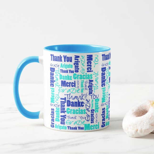 Mug Blue Turquoise Multilingual Merci Word Cloud (Avec donut)
