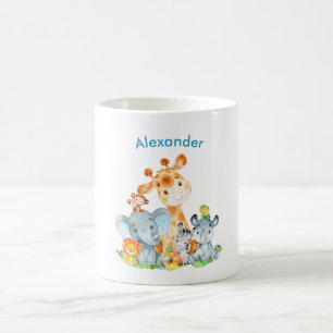 Mug Blue Watercolor Cute Safari Jungle Animaux