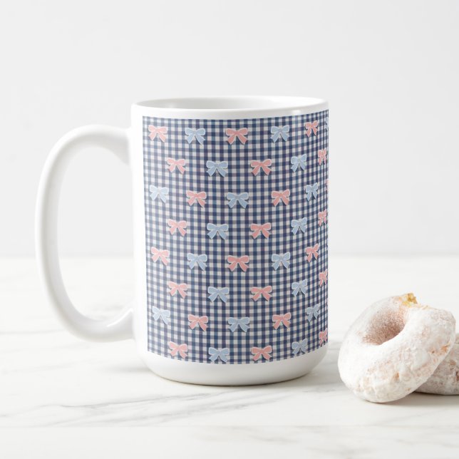 Mug Blue White Gingham Pink Blue Coquette Bows Trendy  (Avec donut)