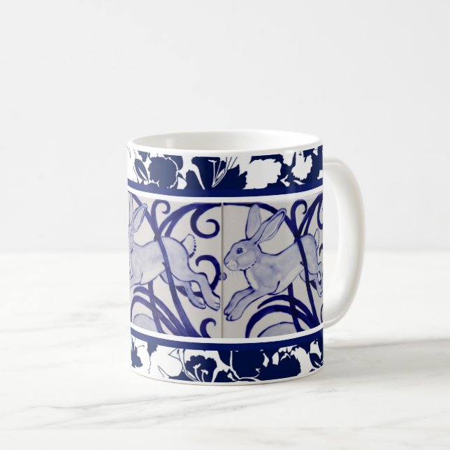 Mug Blue & White Lapin Lièvre Bunny Art Déco Tropical (Devant droit)