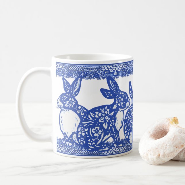 Mug Blue Willow Lapin Lapin Gros Motif Whimsical (Avec donut)