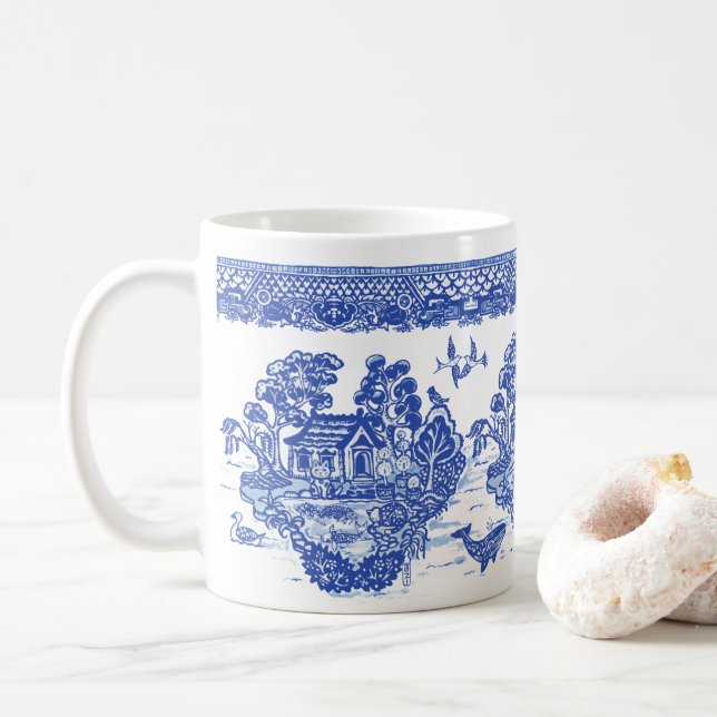 Mug Blue Willow Lucky Cat Koi Isle des animaux amusant (Avec donut)