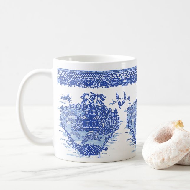 Mug Blue Willow Rabbit Lièvre Isle Animaux Art amusant (Avec donut)