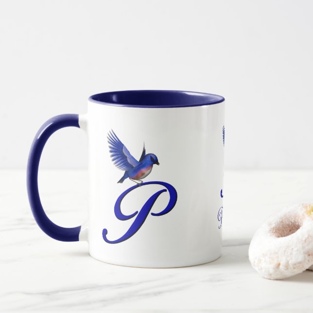 Mug Bluebird Monogram Initial P Elegant Personalized (Avec donut)