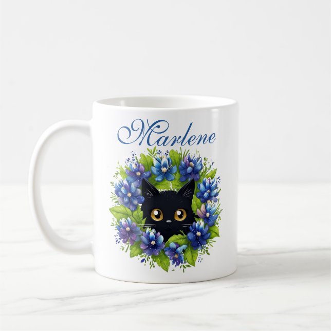 Mug Bluebonnets personnalisés mignons Cat Texas Fleurs (Gauche)