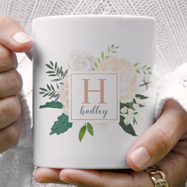 Mug Blush Gold Bouquet Floral Monogramme (Créateur téléchargé)