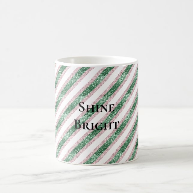 Mug Blush Pink Green Glitzy Glitter Stripes Christmas (Centre)