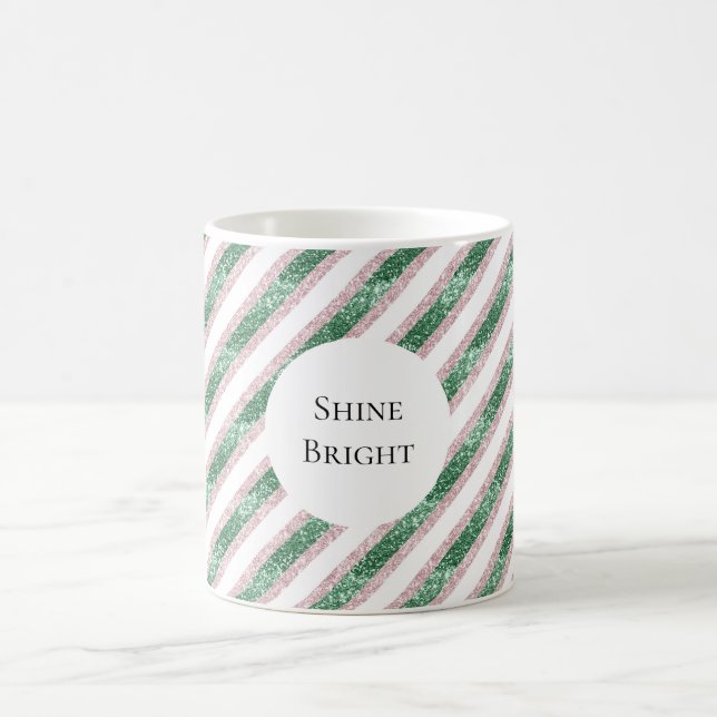 Mug Blush Pink Green Glitzy Stripes Christmas (Centre)