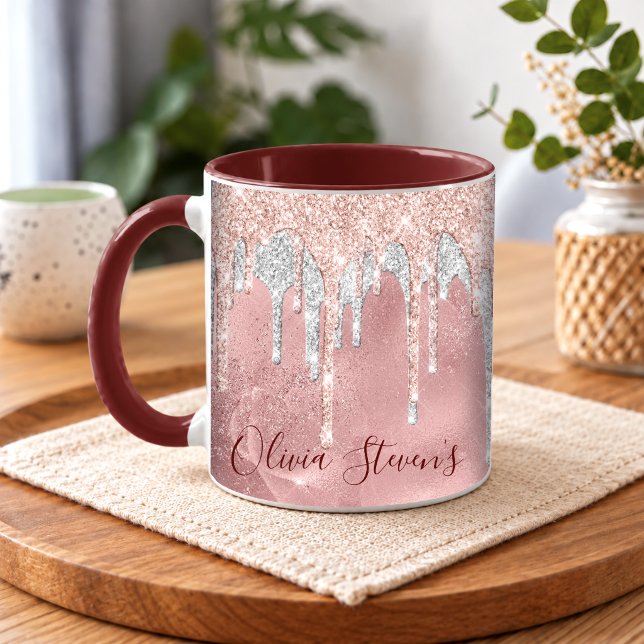 Mug Blush rose chic monogramme gouttes d'argent (Créateur téléchargé)