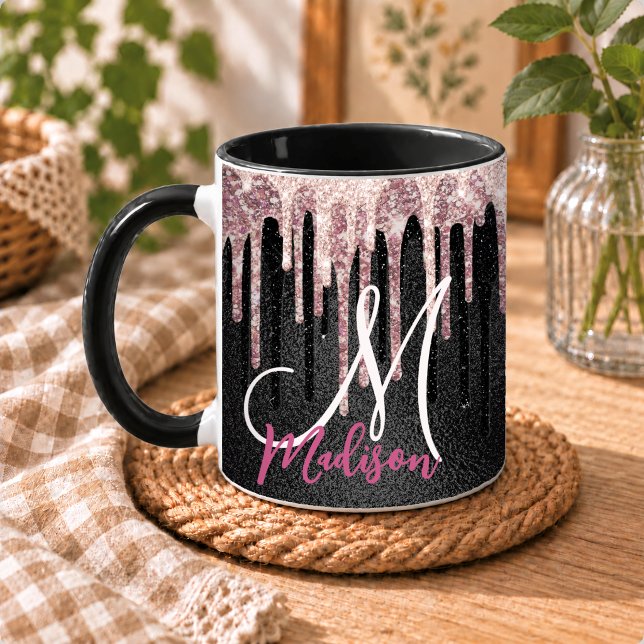 Mug Blush rose chic monogramme noir qui dégouline (Créateur téléchargé)