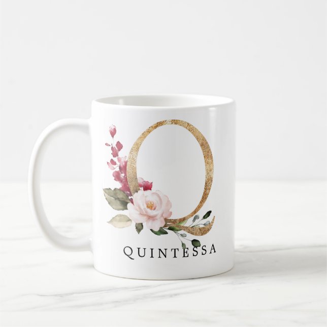Mug Blush Rose Fleur Lettre Q Or Élégant (Gauche)