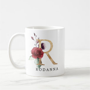 Mug Blush Rose Fleur Lettre R Or Élégant