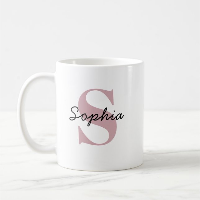 Mug Blush Rose Pâle Monogramme Initiale Nom Personnali (Gauche)