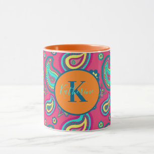 Mug Bohemian Pink Paisley Motif Nom personnalisé Monog